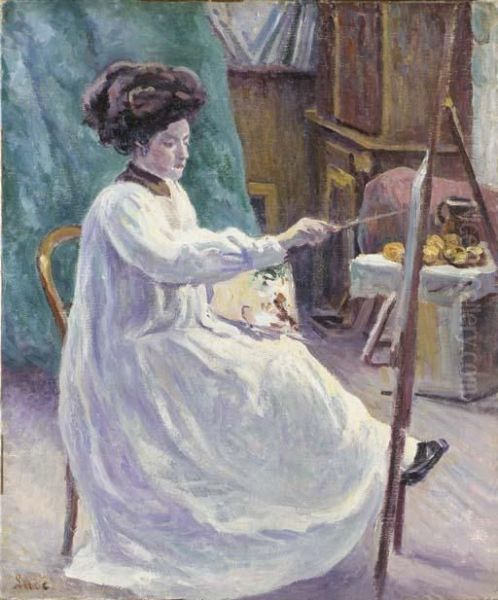 Jeune Femme A Son Chevalet Oil Painting by Maximilien Luce