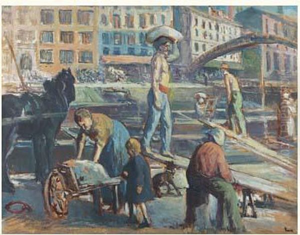 Chantier Au Canal Saint-martin, Circa 1910-1915 Oil Painting by Maximilien Luce