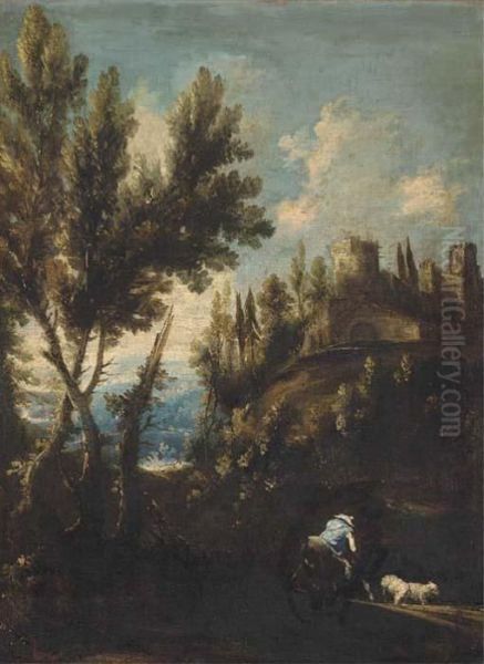 A Landscape With Cattle And A Mounted Shepherd With His Flock Oil Painting by Alessandro Magnasco