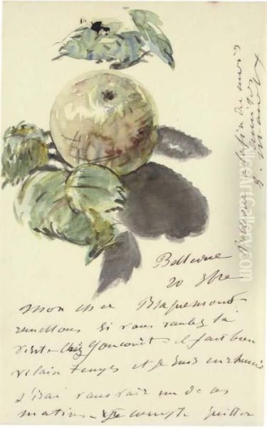 Lettre A Bracquemond (une Pomme Entouree De Ses Feuilles) Oil Painting by Edouard Manet