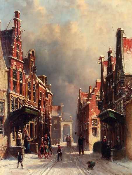 A Town View In Winter With Figures Conversing On Porches And Children Throwing Snowballs Oil Painting by Pieter Gerard Vertin