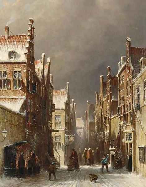 Figures in the Snow Covered Streets of a Dutch Town Oil Painting by Pieter Gerard Vertin