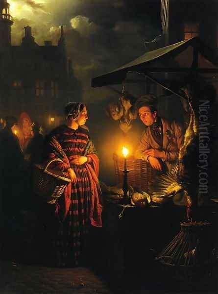 Market Place by Candlelight Oil Painting by Petrus van Schendel