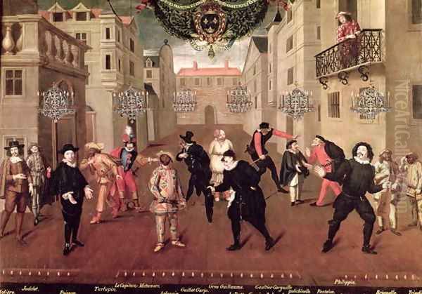 Italian and French Comedians Playing in Farces, 1670 Oil Painting by Verio