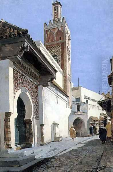 A Street Scene with a Mosque, Tangier Oil Painting by Manuel Garcia y Rodriguez