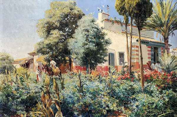 A Mediterranean Village Oil Painting by Manuel Garcia y Rodriguez