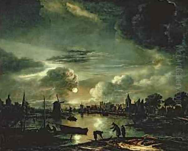 Canal Scene by Moonlight 1645-50 Oil Painting by Aert van der Neer