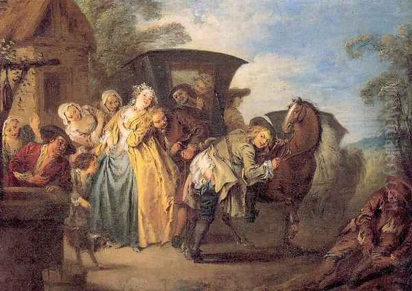 The Poet Roquebrune Breaks his Garter Oil Painting by Jean-Baptiste Joseph Pater