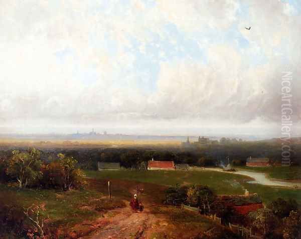 A Panoramic View Of Haaelem With Figures On A Track In Kraantje Lek In The Foreground Oil Painting by Pieter Lodewijk Francisco Kluyver