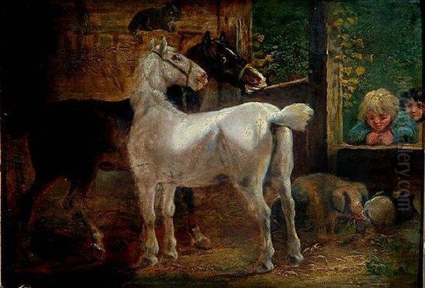 Horses And Pigs In A Stable Overlooked By Two Children Oil Painting by George Morland