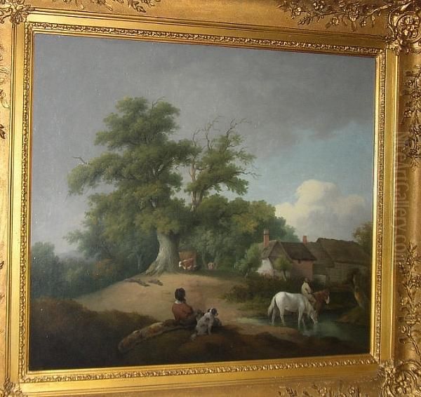 Horses Watering By A Woodland Farmstead Oil Painting by George Morland