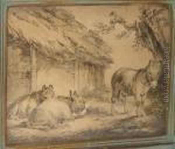 Donkeys By A Thatched Byre Oil Painting by George Morland