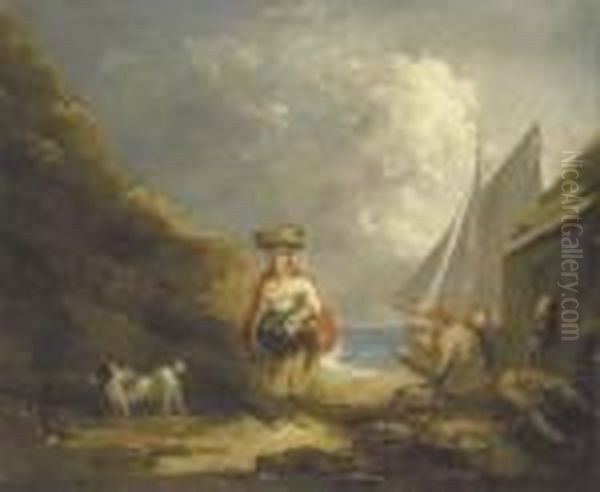 A Young Girl, On A Coastal Path, Passing Fishermen Drinking Outsidea Cottage Oil Painting by George Morland