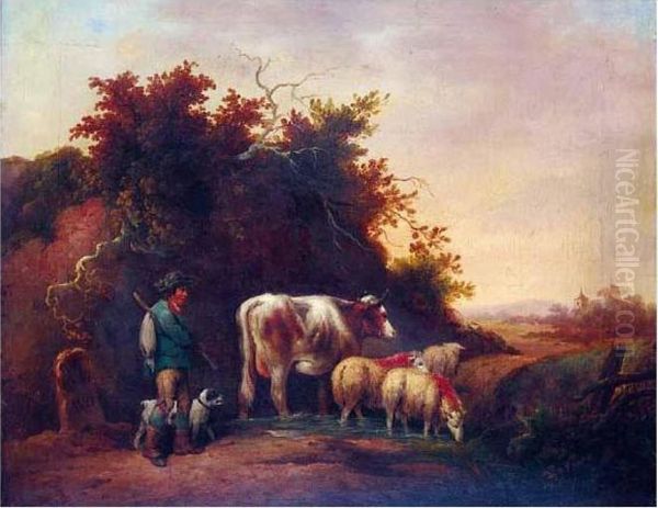 A Drover With Sheep And Cattle Watering In A Stream Oil Painting by George Morland