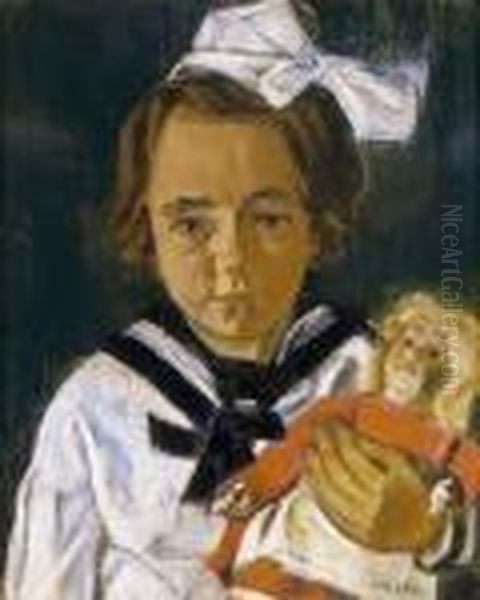 Girl With A Doll Oil Painting by Istvan Nagy