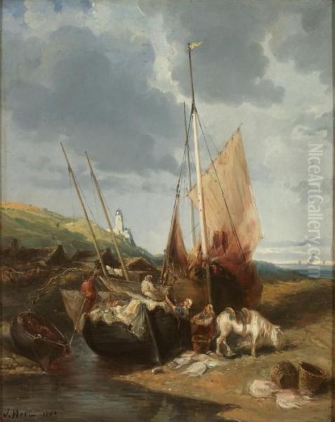 Uferstuck Bei Ebbe Mit Fischerbooten Und Personenstaffage An Einem Sonnigen Morgen Oil Painting by Jules Achille-Noel