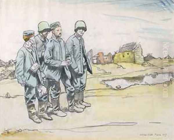 Four German Prisoners by a French Village, 1917 Oil Painting by Sir William Newenham Montague Orpen