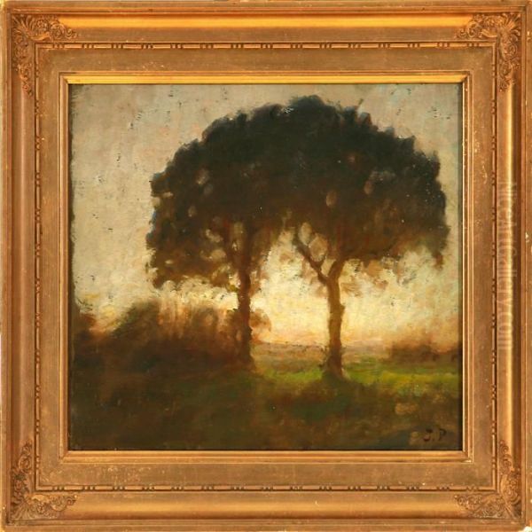 Two Oaks At Sunset Oil Painting by Julius Paulsen