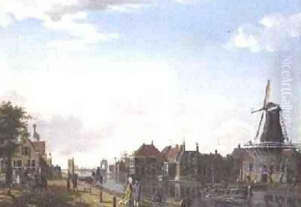 Dutch Canal Scene with Elegant Figures and a Mill, 1877 Oil Painting by Isaak Ouwater