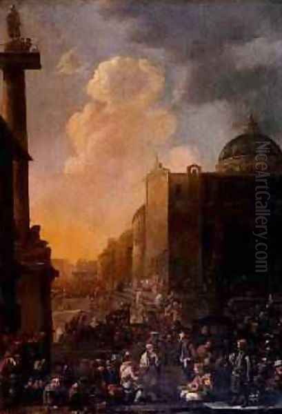 Capriccio View of a Roman Piazza Oil Painting by Johannes Lingelbach