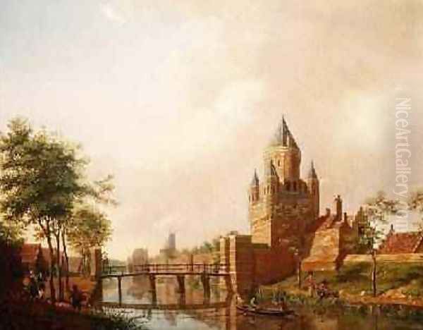 A view of the Kleine Houtpoort Small Gateway in Haarlem with the Grote Houtpoort Great Gateway in the background, 1778 Oil Painting by Isaak Ouwater