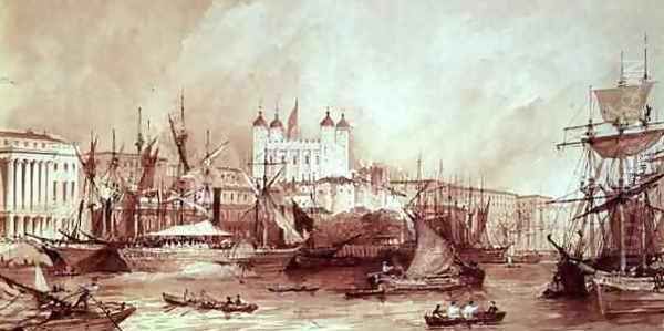 View of the Tower of London from the River Thames at Custom House, c.1840 Oil Painting by William Parrott