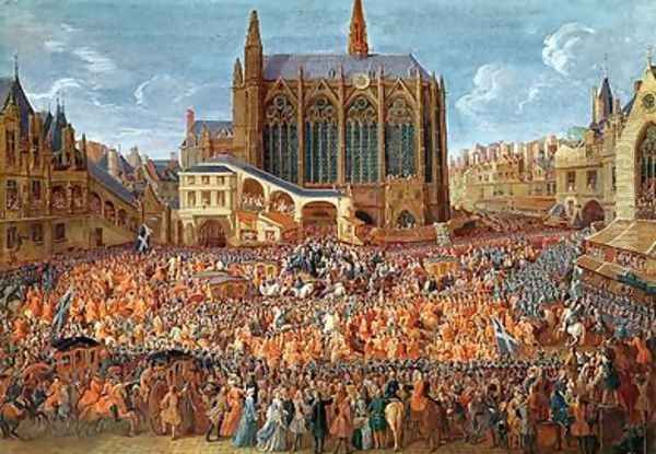 The Departure of Louis XV 1710-74 from Sainte-Chapelle after the lit de justice which ended the reign of Louis XIV 1638-1715 12th September 1715 1735 2 Oil Painting by Pierre-Denis Martin