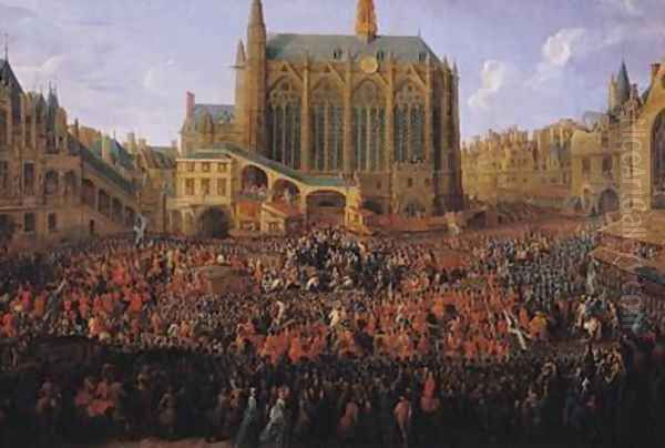 The Departure of Louis XV 1710-74 from Sainte-Chapelle after the lit de justice which ended the reign of Louis XIV 1638-1715 12th September 1715 1735 Oil Painting by Pierre-Denis Martin