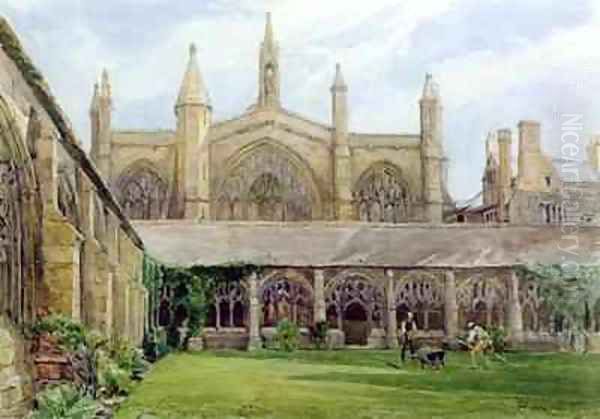 New College cloisters with gardener Oil Painting by John Fulleylove