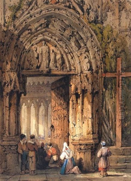 Entrance To A French Cathedral Oil Painting by Samuel Prout