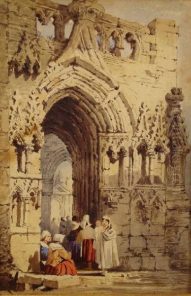 Figures Gathered Beneath The Porch Of An Ecclesiasticalbuilding Oil Painting by Samuel Prout