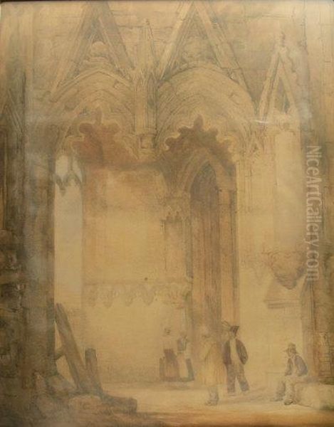 Figures Inside A Cathedral Entrance Oil Painting by Samuel Prout