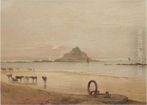 Cattle On The Beach With St. Michael's Mount Beyond Oil Painting by Samuel Prout