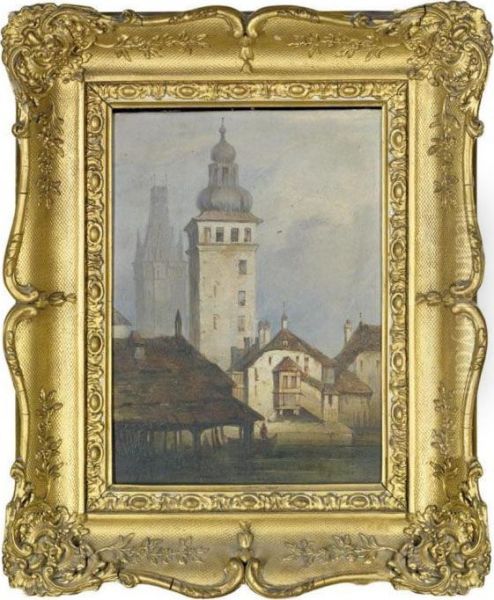 Towers In A German Town With Boats Passing On A River Below Oil Painting by Samuel Prout