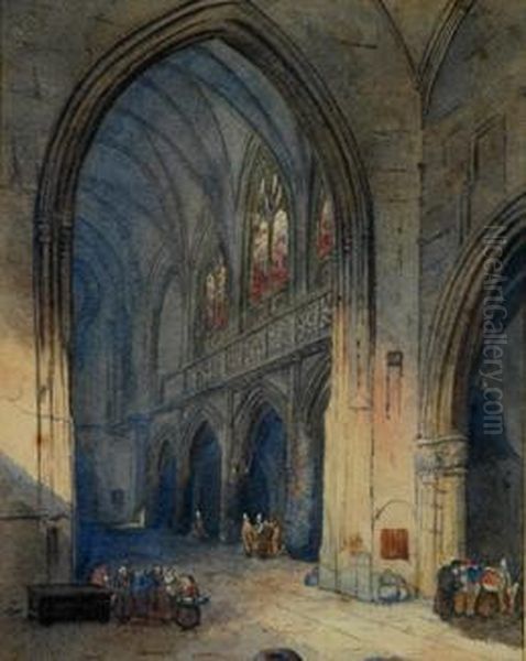 English Cathedral Interior Oil Painting by Samuel Prout