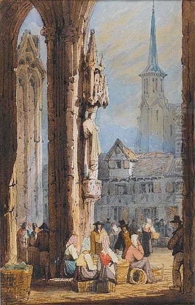 Figures In A Town Square Oil Painting by Samuel Prout