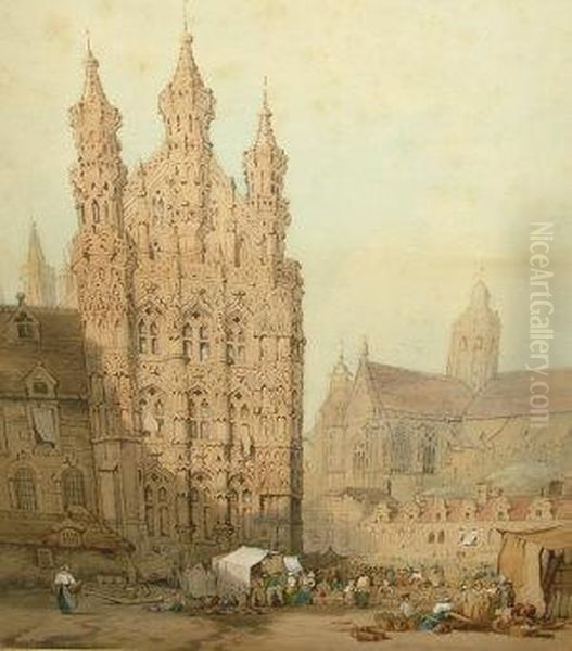 View Of The Market In Leuven, Belgium Oil Painting by Samuel Prout