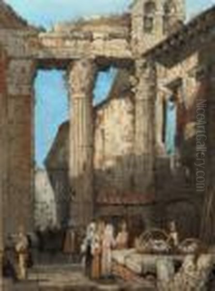 Market Beneath A Ruined Archway Oil Painting by Samuel Prout