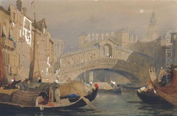 The Rialto Bridge, Venice; And View Of Basle Oil Painting by Samuel Prout