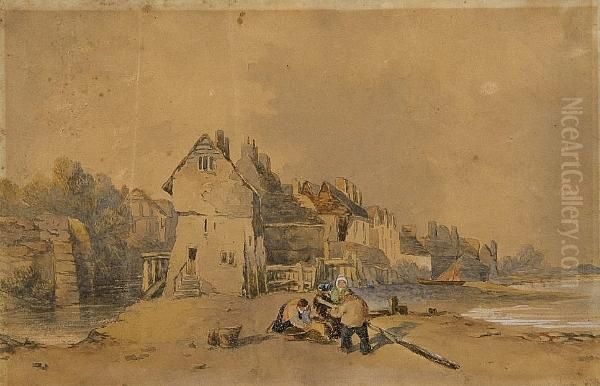 Shore Scene With Buildings And Figures Oil Painting by Samuel Prout