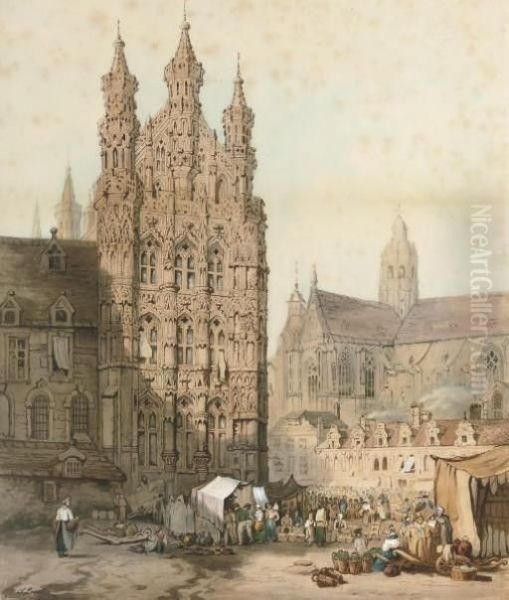 Market Day In The Square Before Leuven Cathedral And City Hall, Belgium Oil Painting by Samuel Prout