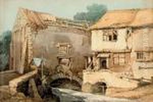 Anglers Fishing Before A Derelict Watermill Oil Painting by Samuel Prout