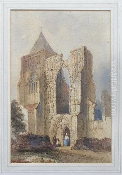 Figures Before A Ruined Abbey Oil Painting by Samuel Prout