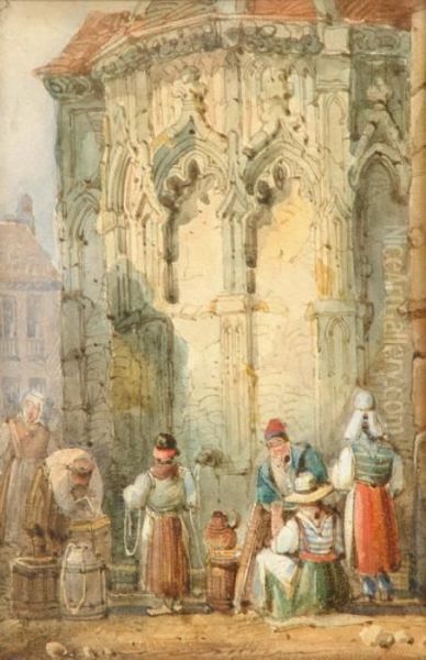 Figures At A Fountain Oil Painting by Samuel Prout