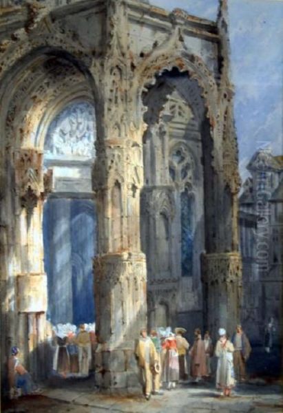 Figures At A Cathedral Entrance Oil Painting by Samuel Prout