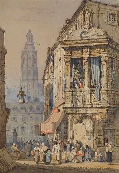 A Continental Street Scene Oil Painting by Samuel Prout