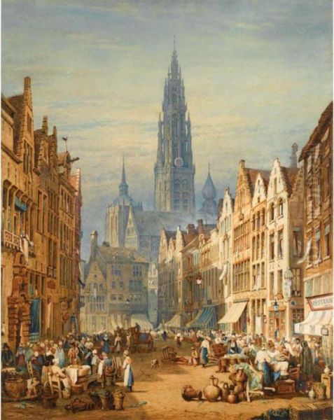 Market Day, Antwerp Oil Painting by Samuel Prout