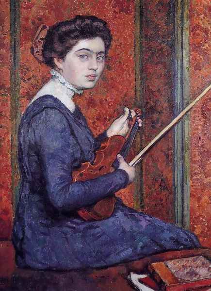 Woman with Violin Oil Painting by Theo van Rysselberghe