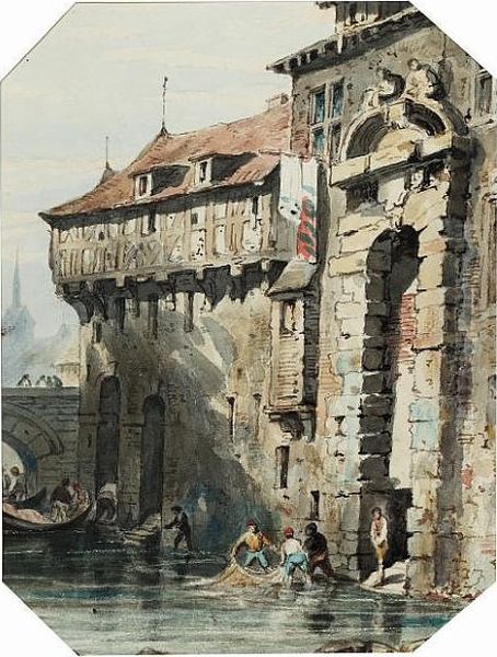 Fishermen Drawing Their Nets Outside A Portuguese Religious House, Venice. Oil Painting by Samuel Prout