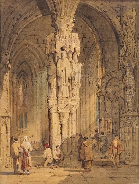 Figures In A Church Interior. Oil Painting by Samuel Prout